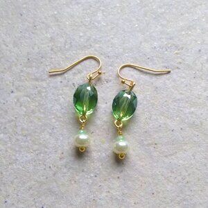 Vibrant Green Crystals + White Pearls! Handmade Spring & Summer Dangle Earrings